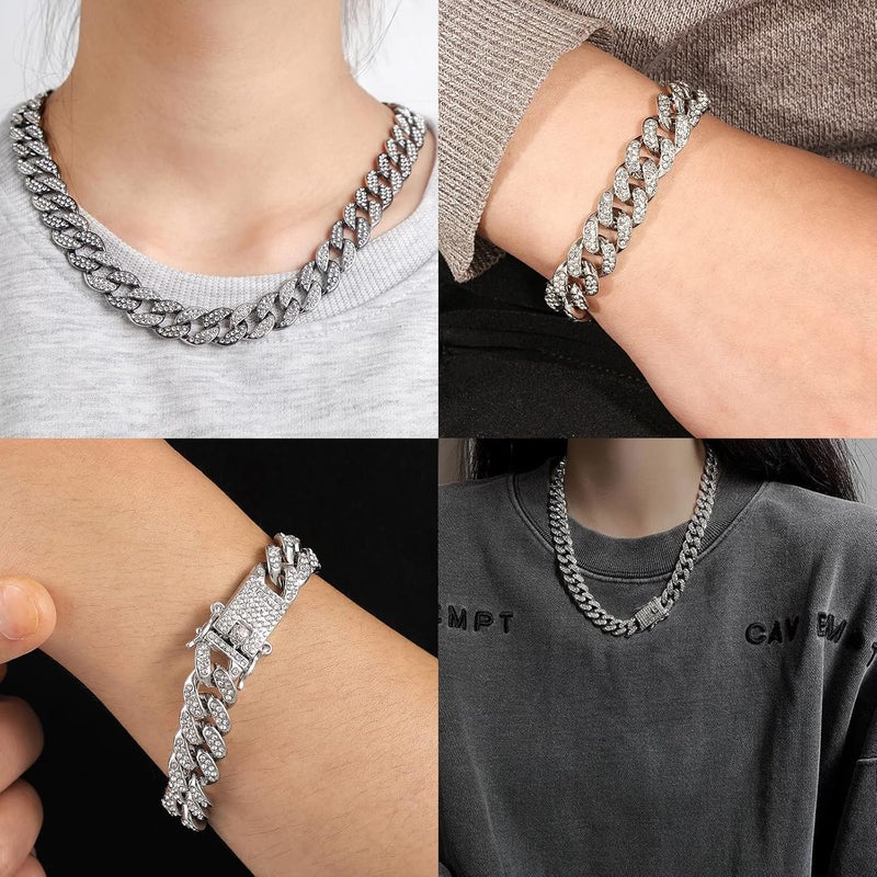 GIHENHAO Cuban Link Chain for Men,Silver Necklace and Bracelet,Miami Cuban Chains,Bling Diamond Chain for Hip Hop Jewelry - Image 5